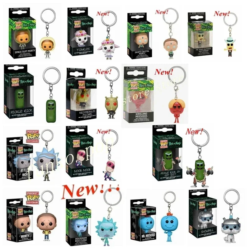 FUNKO Pocket New Rick HOLOGRAM Space Morty Pickle Rick in Rat Suit Rick CLONE Keychain Figure Toys Mr. Meeseeks Snowball Toy