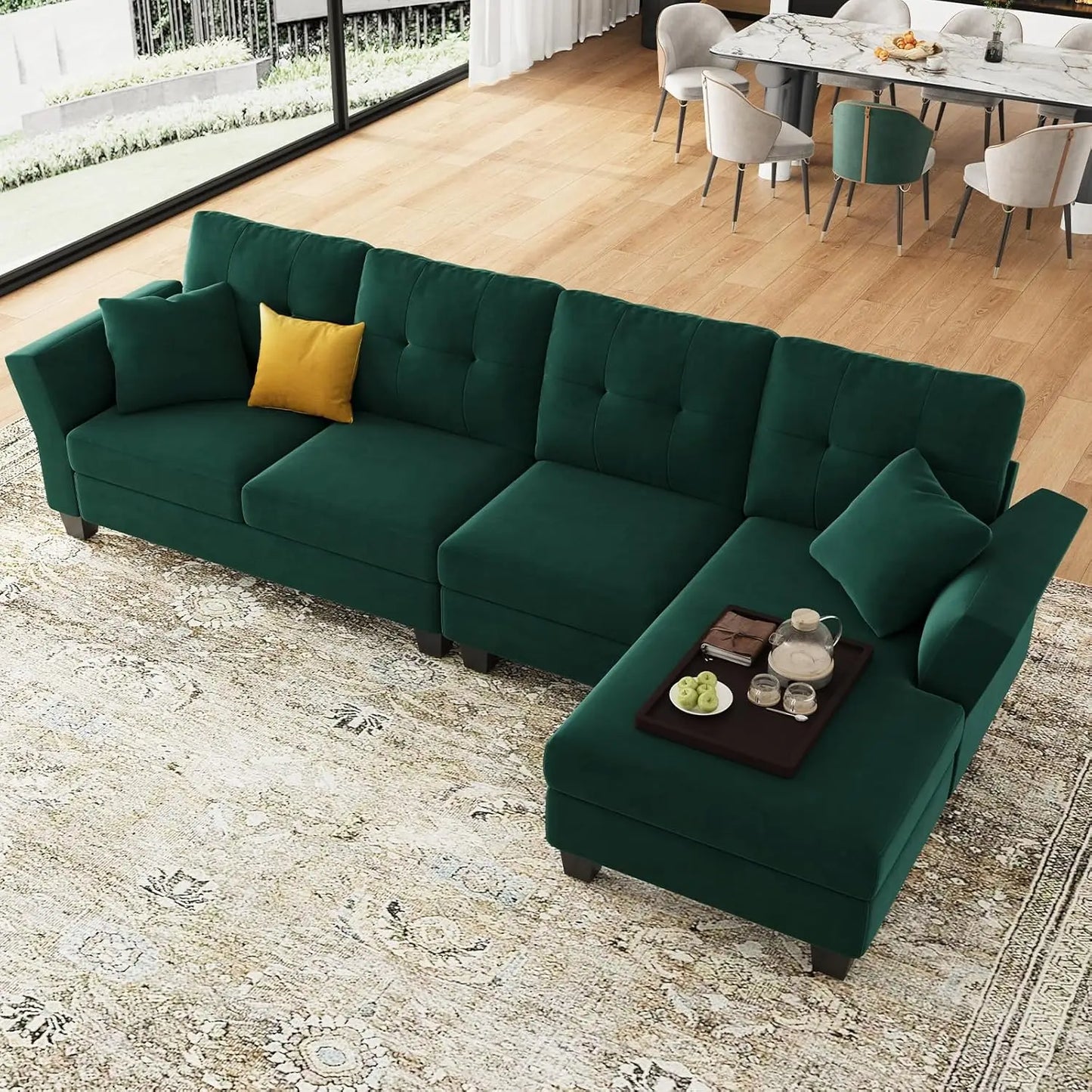 L Shaped Sofa 4 Seat Sofa with Chaise L-Shaped Couches Reversible Sectional Sofa (Dark Green, L Shaped Couch)