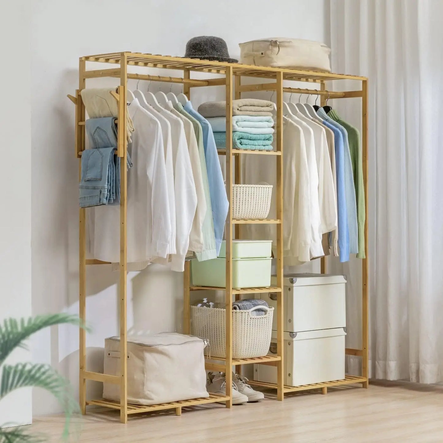 Bamboo Clothes Rack with Double Rods and Storage Shelves Free Standing Open Wardrobe Rack for Hanging Clothes and Storage for Be