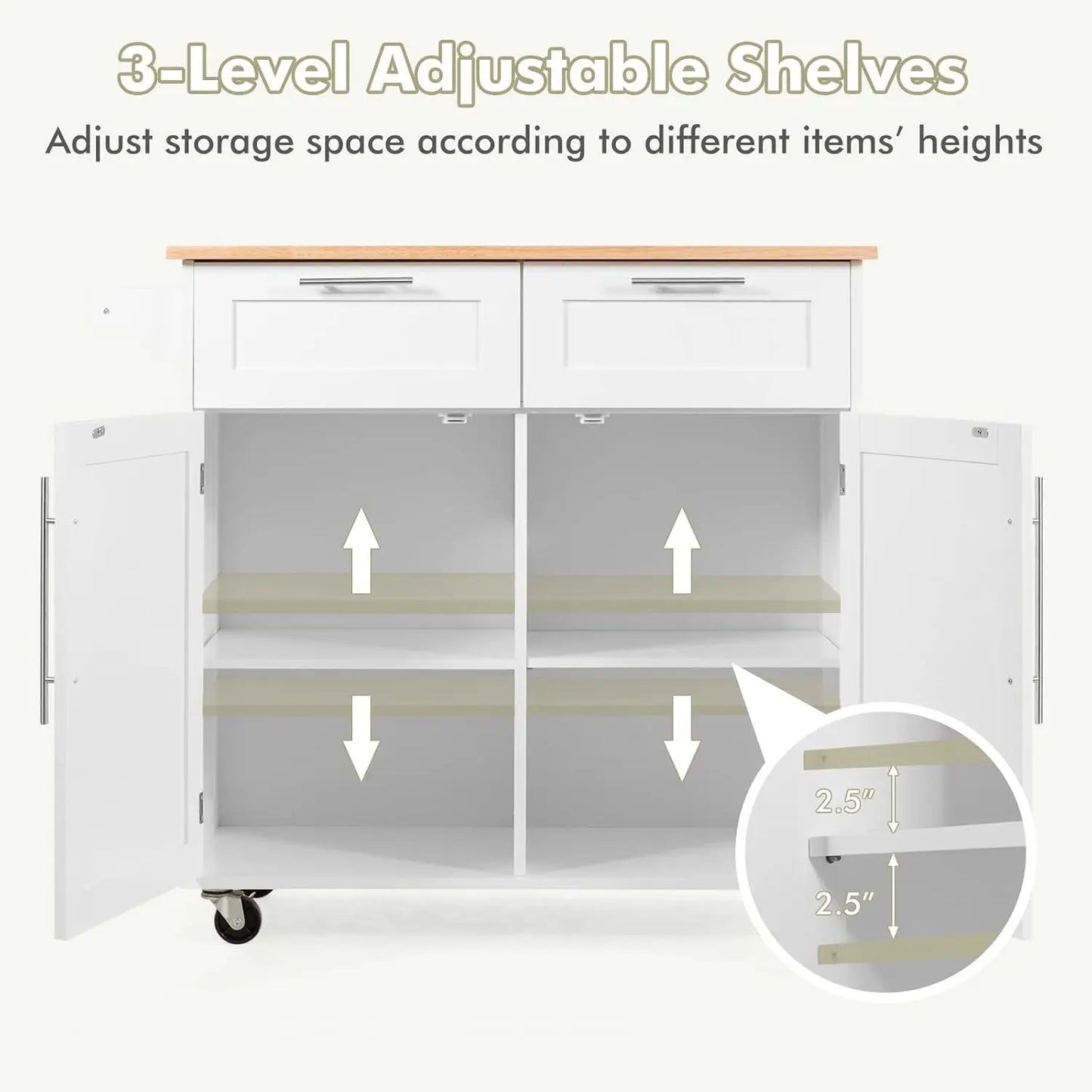 Kitchen Island Cart on Wheels, with Side Towel Bar, 2 Drawers, 2 Door Cabinet, Rolling Storage Trolley Cart with Rubber Wood Top