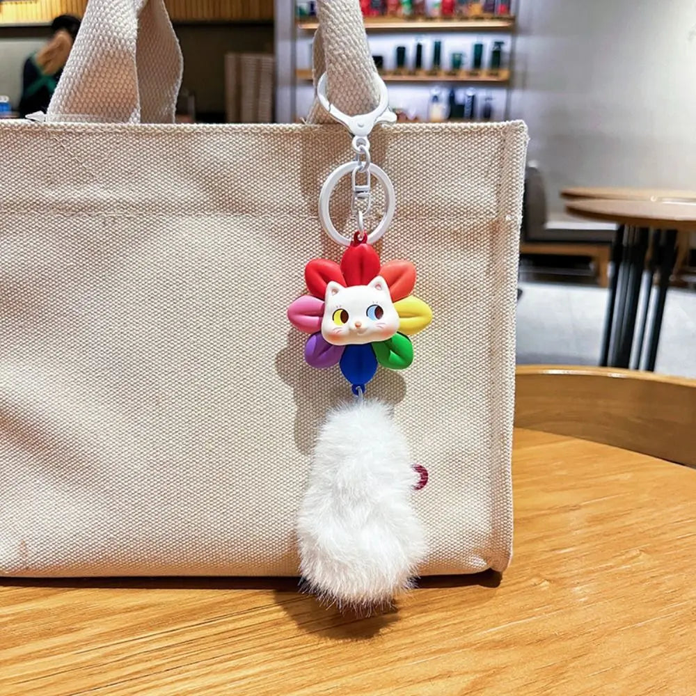 Creative Rotatable Cat Keychain with Fur Balls Good Luck Car Keyring Cartoon PVC Bag Accessories Women