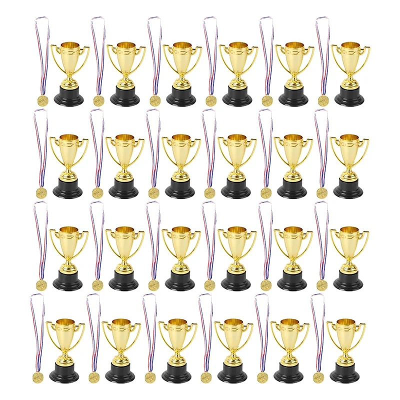 X55A-48 PCS Trophy and Medals Set,24Pcs Gold Plastic Trophy Cup and 24 PCS Medals for Kids Sports Awards,