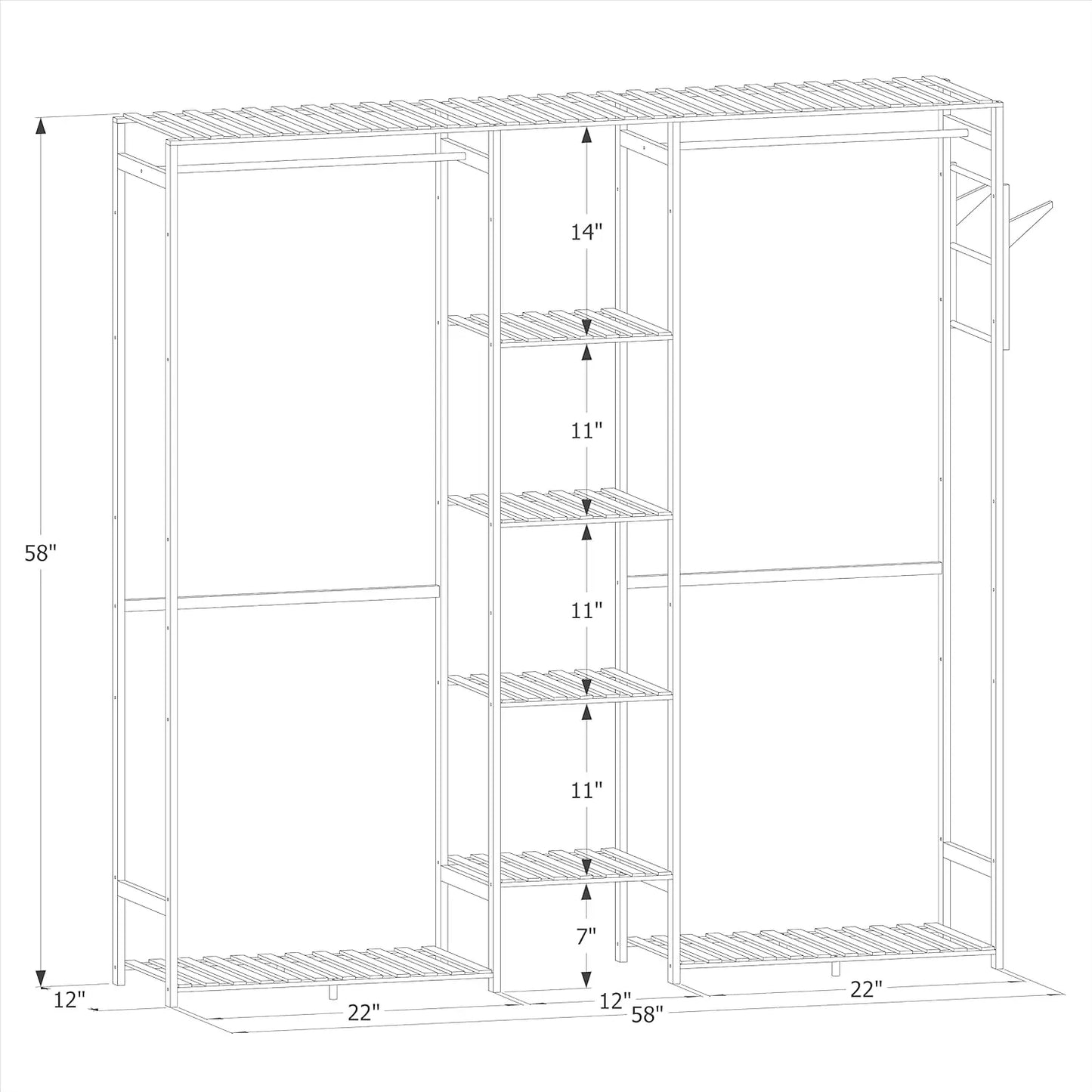 Bamboo Clothes Rack with Double Rods and Storage Shelves Free Standing Open Wardrobe Rack for Hanging Clothes and Storage for Be