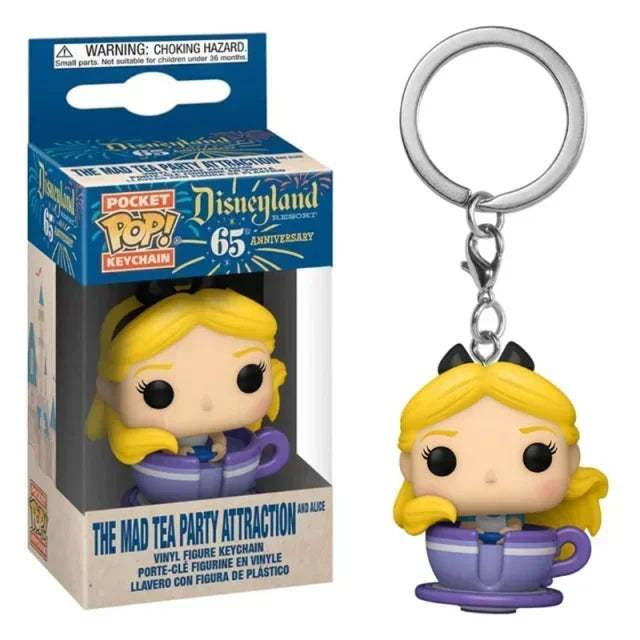 FUNKO Pop Keychain Toy Disneyland the Mad Tea Party Attraction and Alice Action Toy Figures Vinyl Figure Keychain Mini Doll Toys