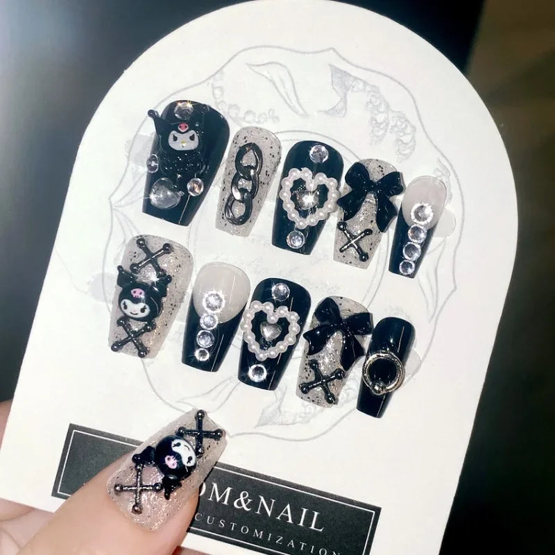 Sanrio Kuromi Nail Stickers Anime Cartoon Fashion Fake Nail Patch Charm Halloween Kawaii Ornaments Girl&Child Holiday Gifts