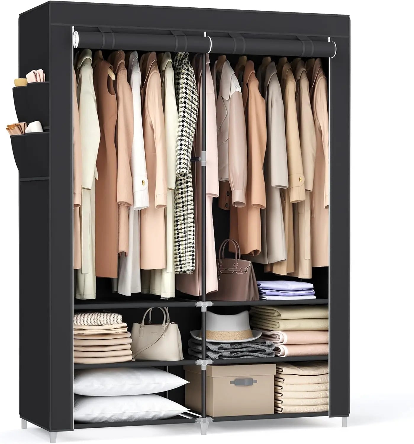 Portable Closet Wardrobe with Shoe Rack and Cover, Closet Storage Organizer, 2 Hanging Rods, Shelves, and 4 Side Pockets