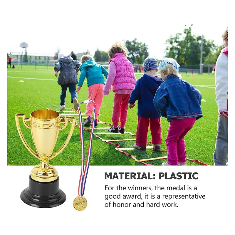 X55A-48 PCS Trophy and Medals Set,24Pcs Gold Plastic Trophy Cup and 24 PCS Medals for Kids Sports Awards,