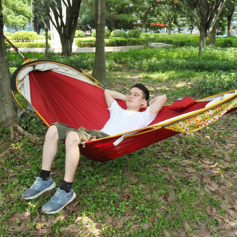 1-2 Person Portable Outdoor Camping Hammock with Mosquito Net High Strength Parachute - Fabric Hanging Bed Sleeping Swing