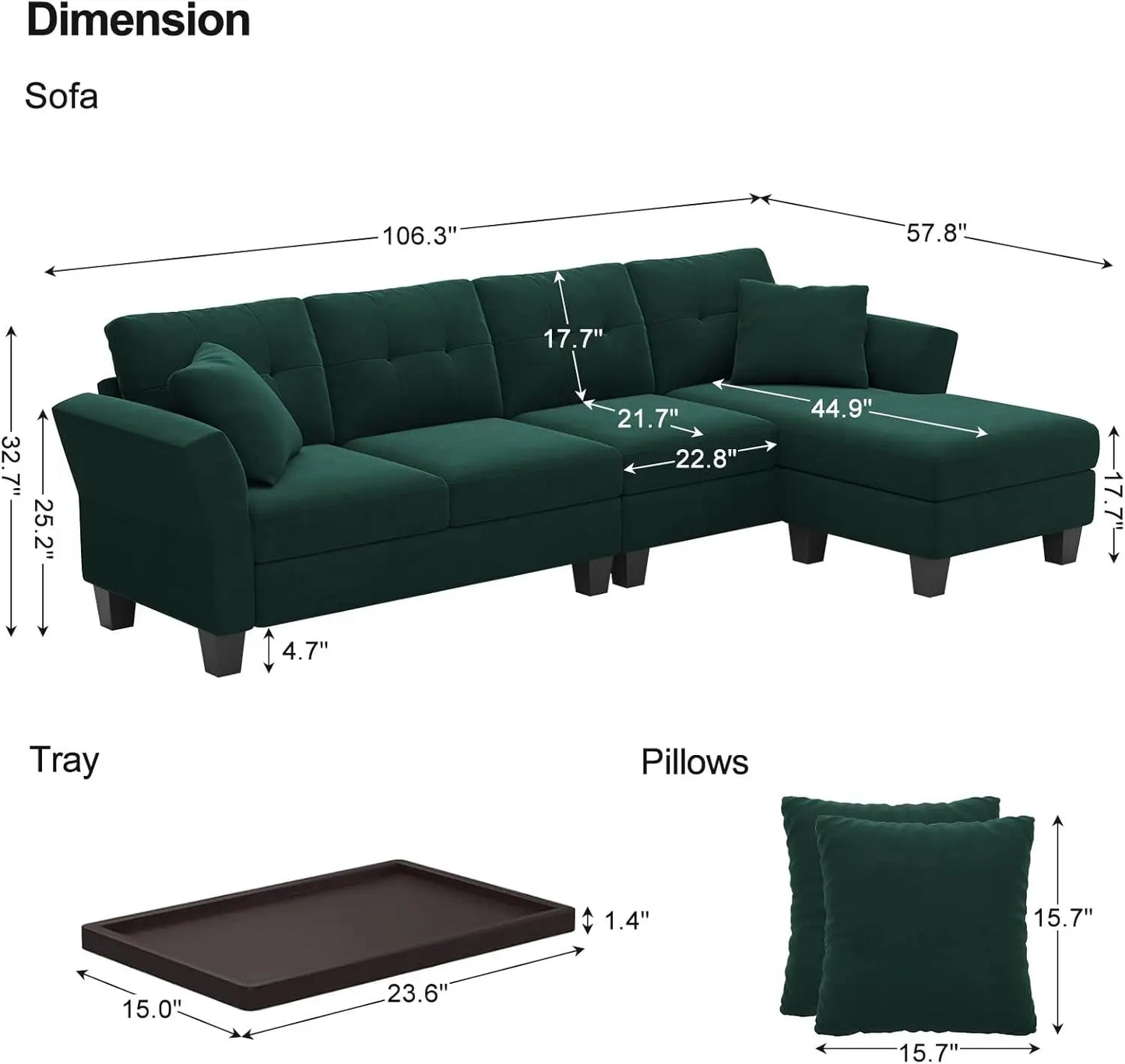 L Shaped Sofa 4 Seat Sofa with Chaise L-Shaped Couches Reversible Sectional Sofa (Dark Green, L Shaped Couch)