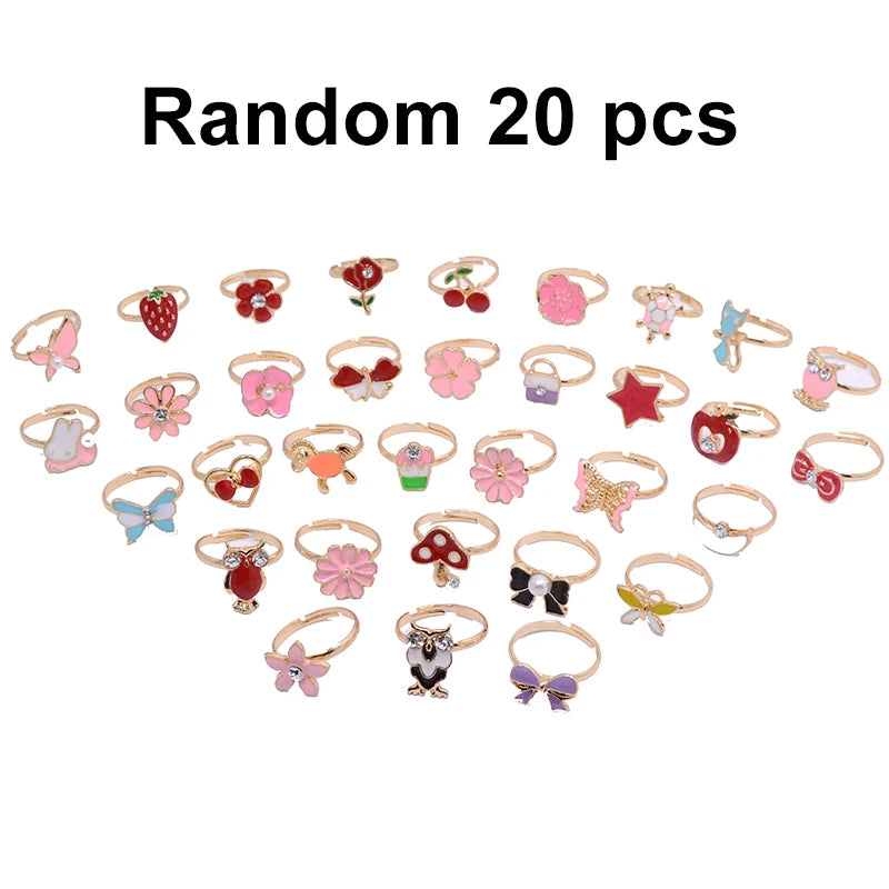 10/20/36 pcs Cute Adjustable Rings Children Girls Pretend Play Makeup Toys Cartoon Crystal Jewelry Alloy Animal Enamel Ring