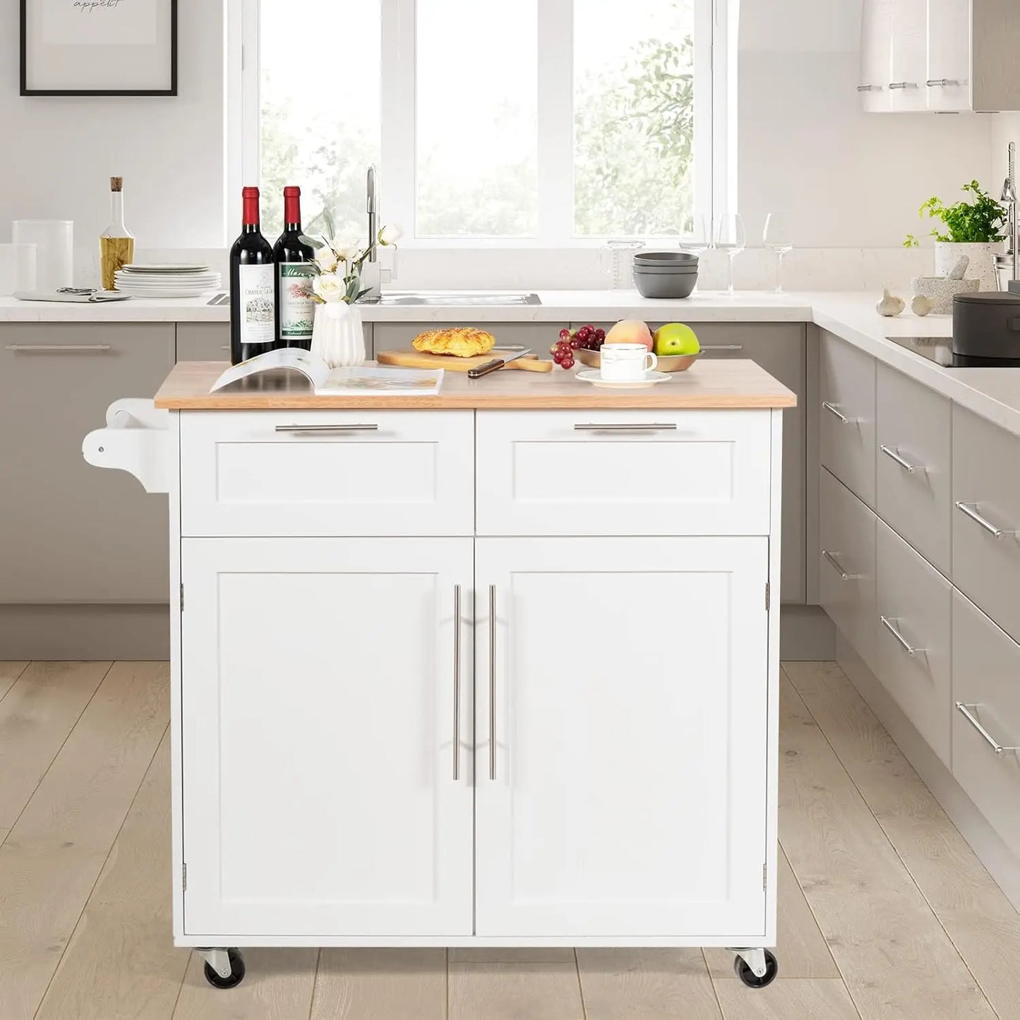 Kitchen Island Cart on Wheels, with Side Towel Bar, 2 Drawers, 2 Door Cabinet, Rolling Storage Trolley Cart with Rubber Wood Top