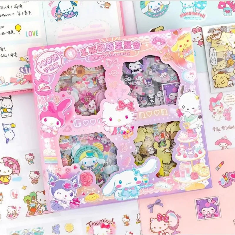 100PCS Sanrio Hello Kitty Sticker Gift Box Cinnamoroll Melody Kuromi Sticker Gift Box Waterproof PET Sticker Toy Kids Gift