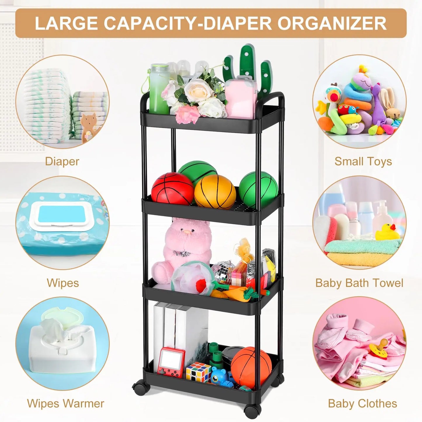 3/4 Tier Rolling Cart with Wheels, Detachable Utility Storage Cart with Handle and Lockable Casters, Storage Basket Organizer