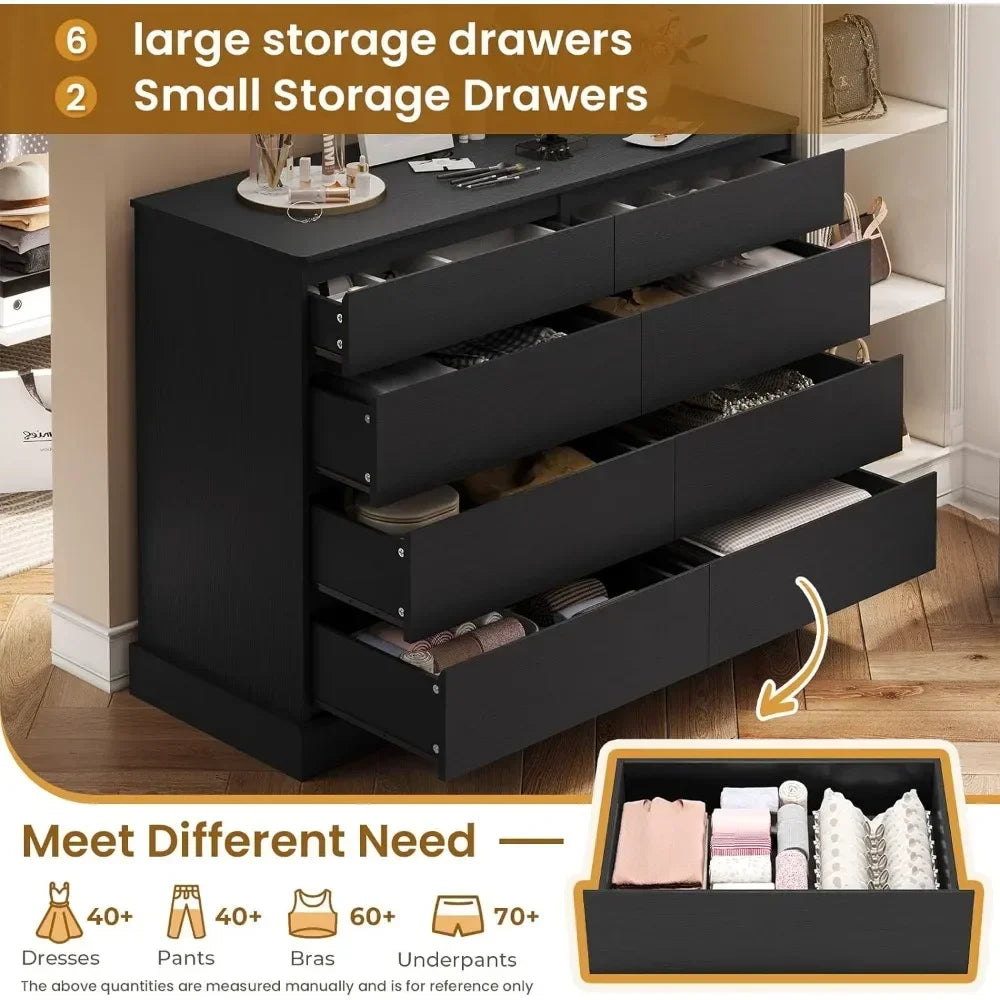 Dresser for Bedroom, Modern Long Double Dressers with 8 Drawers, Storage Organizer Chest of Drawers for Living Room, Entryway