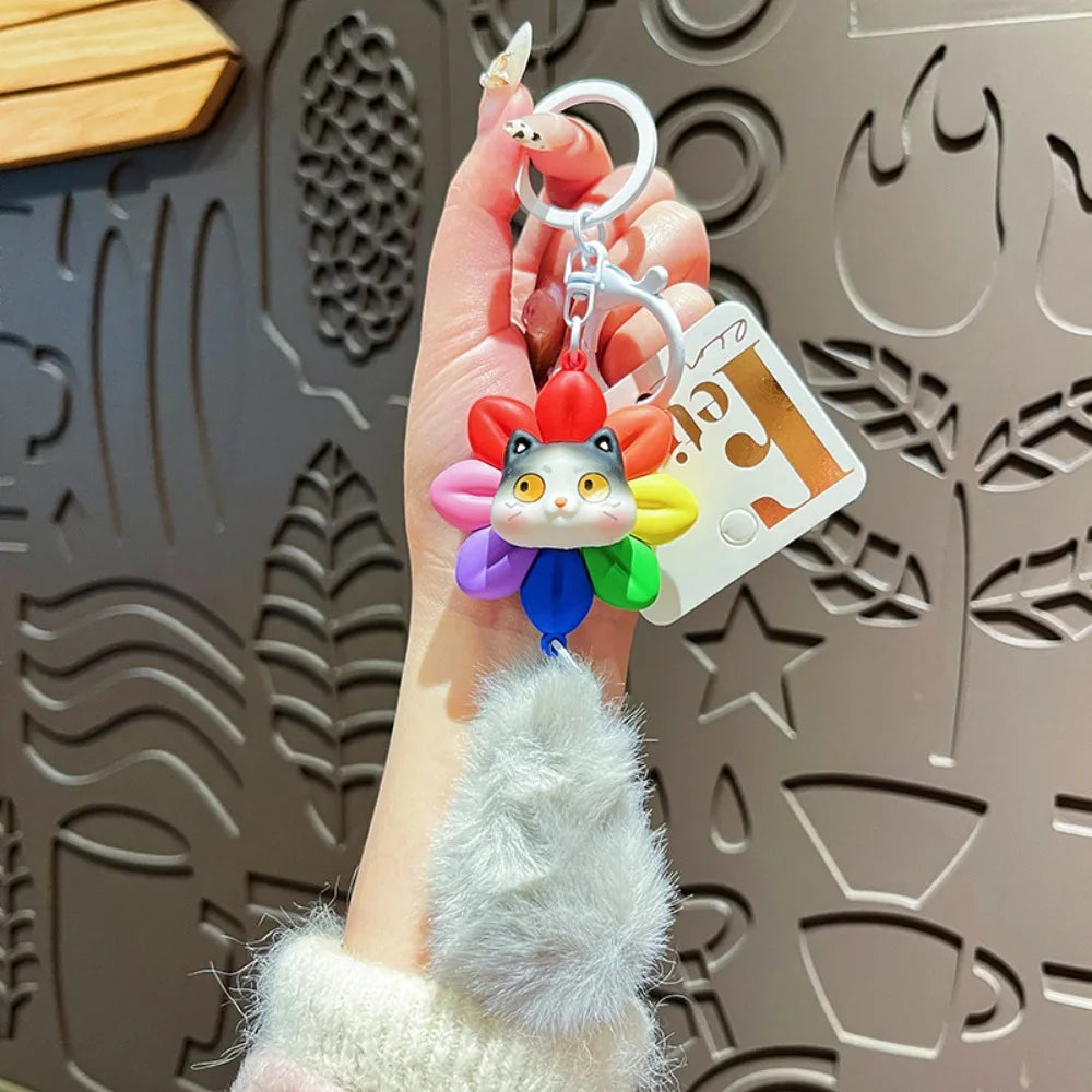 Creative Rotatable Cat Keychain with Fur Balls Good Luck Car Keyring Cartoon PVC Bag Accessories Women