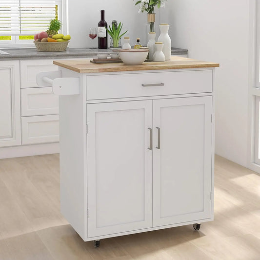 Kitchen Island on Wheels White Rolling Trolley Cart Island Cart Storage Cabinet with Rubber Solid Wood Countertop