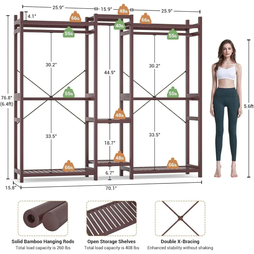 Bamboo Closet System Clothes Rack, Large Freestanding Garment Rack Clothing Rack for Hanging Clothes with 7 Storage Shelves and