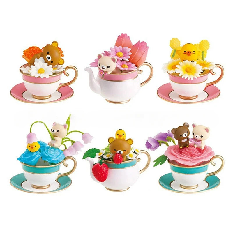 Japan Rement Rilakkuma Blind Box Toys Flower Tea Cup Kawaii Bear Figures Model Toy Collection Ornaments Children Gifts