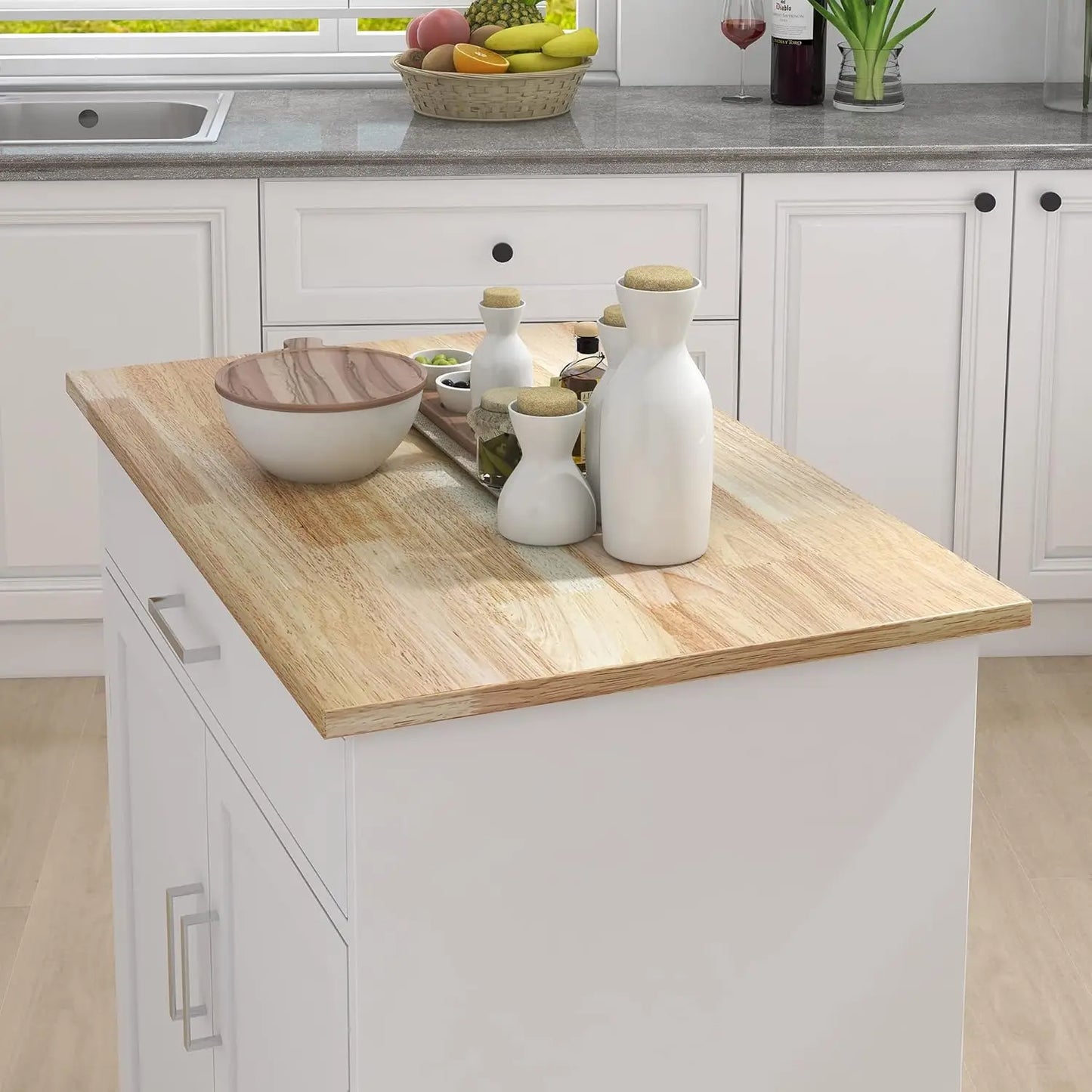 Kitchen Island on Wheels White Rolling Trolley Cart Island Cart Storage Cabinet with Rubber Solid Wood Countertop