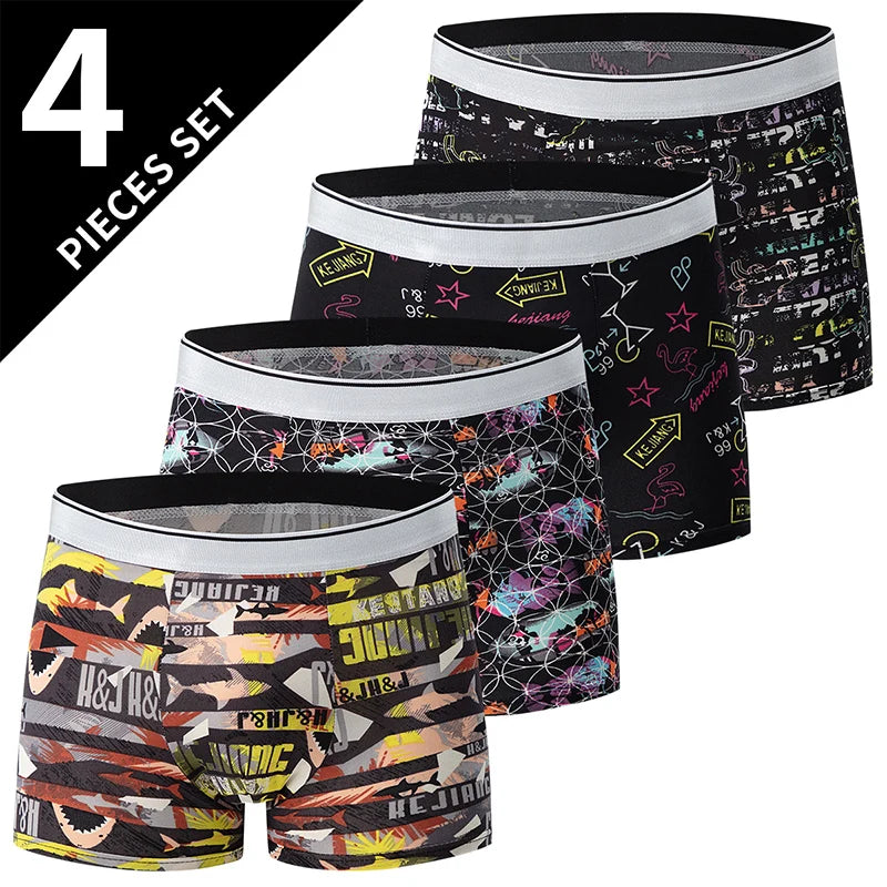 4 Pack men's fashion printed underwear for leisure and comfort, plus size underwear for teenagers, swimming trunks max 5XL.6XL