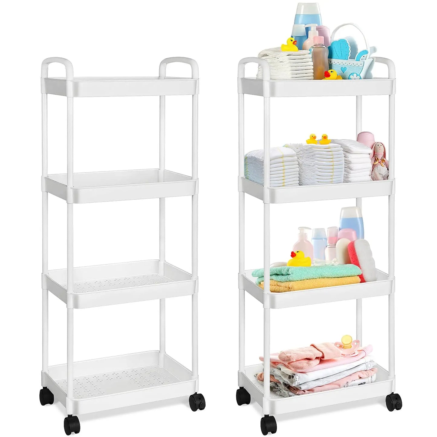 3/4 Tier Rolling Cart with Wheels, Detachable Utility Storage Cart with Handle and Lockable Casters, Storage Basket Organizer