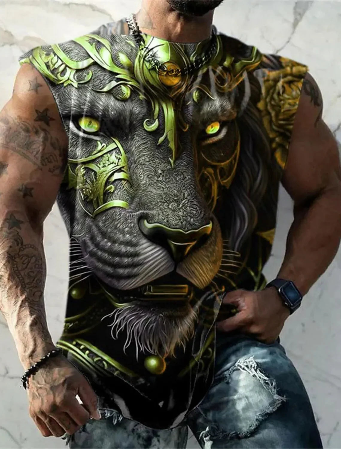 Mens Vest Printed Golden Lion Sleeveless T Shirt Crew Neck Apparel 3D Printed Everyday Sports Fitness Fashion Design S-6Xl