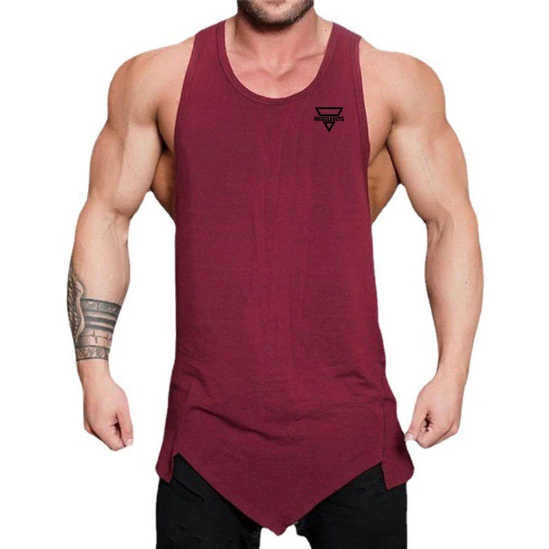 Men’s Gym Clothes Summer Trend Cotton Breathable Vest Irregular Hem Fitness Sleeveless T-shirts Printing O-neck