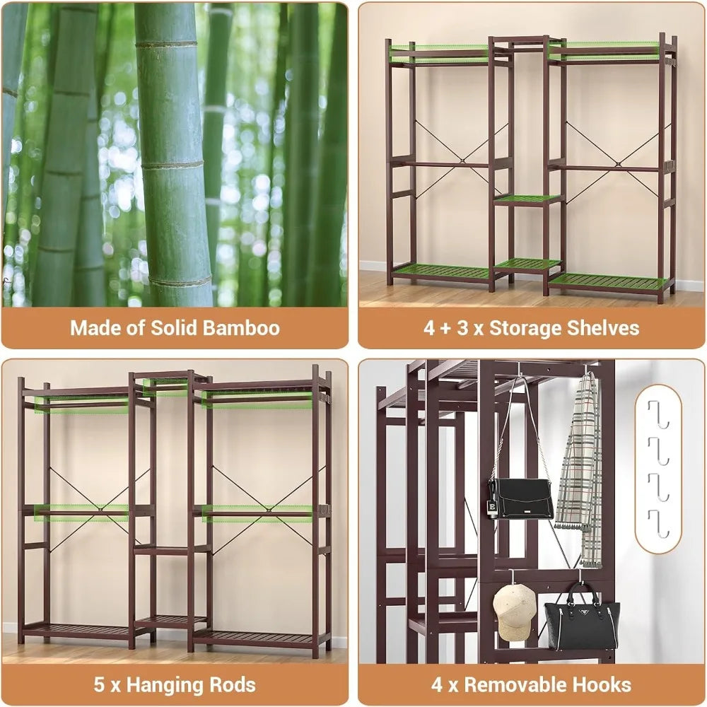 Bamboo Closet System Clothes Rack, Large Freestanding Garment Rack Clothing Rack for Hanging Clothes with 7 Storage Shelves and