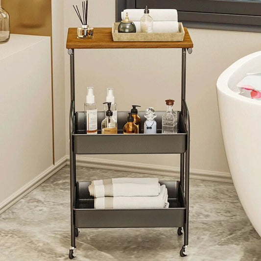 Slim 3-Tier Storage Cart Wooden Rolling Trolley with Wheels Narrow Laundry Room Organizer Kitchen and Bedroom Tabletop