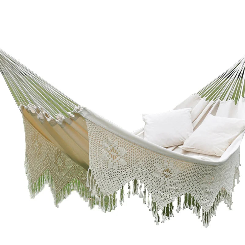 Macrame Tassel Canvas Swing Chair, Outdoor Garden Hammock, Travel Camping Hanging Bed, Foldable Photo Props