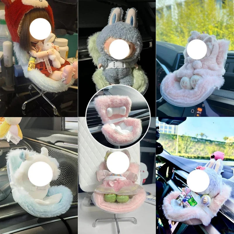 Labubu Car Seat with Soft Furry Cushion for 10-17cm Dolls, Clips onto  Air Vent, Includes  Leg  Desktop Display