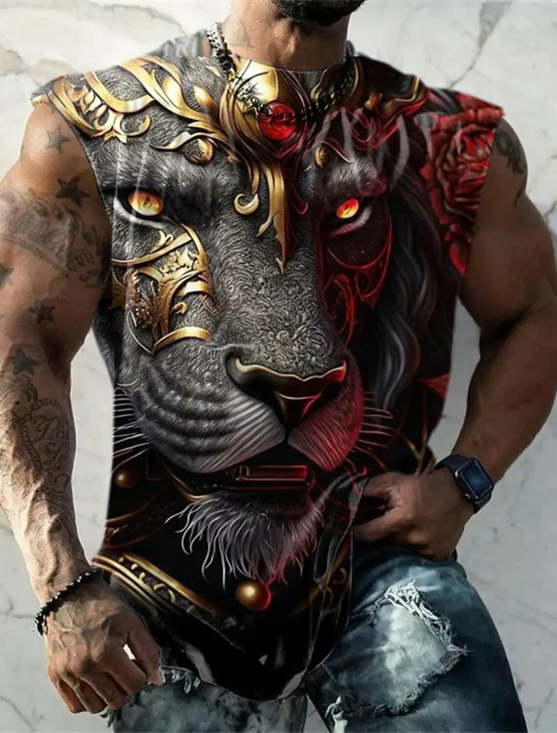 Mens Vest Printed Golden Lion Sleeveless T Shirt Crew Neck Apparel 3D Printed Everyday Sports Fitness Fashion Design S-6Xl