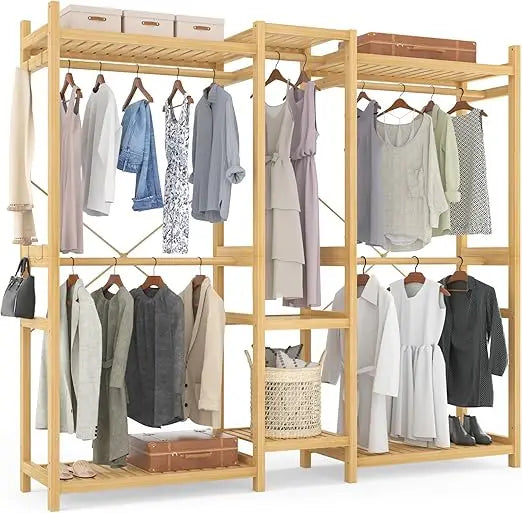 Bamboo Closet System Clothes Rack, Large Freestanding Garment Rack Clothing Rack for Hanging Clothes with 7 Storage Shelves and