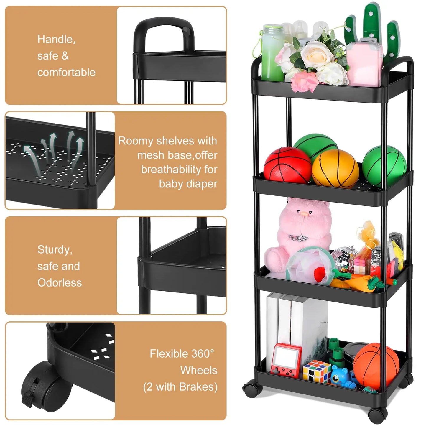 3/4 Tier Rolling Cart with Wheels, Detachable Utility Storage Cart with Handle and Lockable Casters, Storage Basket Organizer