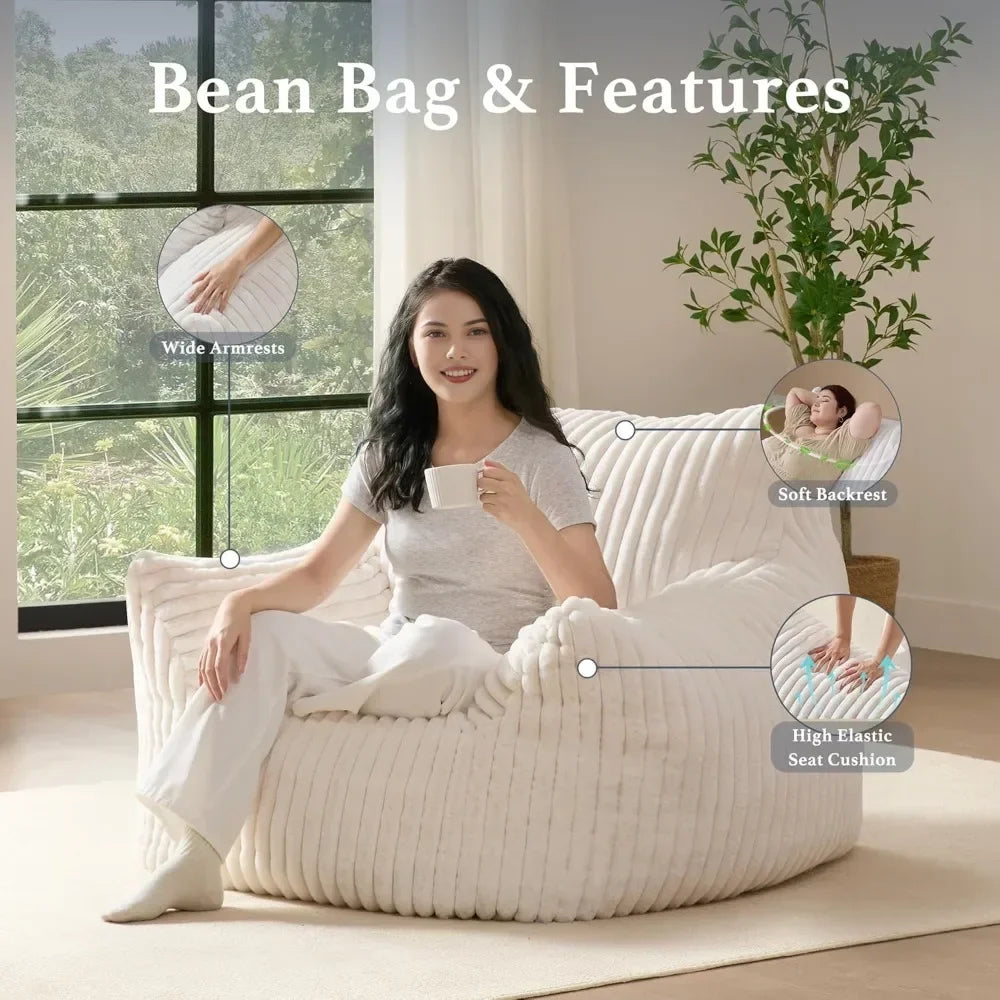 Bean Bag Chair for Adults with Armrests - Oversized Comfy Beige Beanbag Lounge Lazy Floor Sofa Chair for Living Room