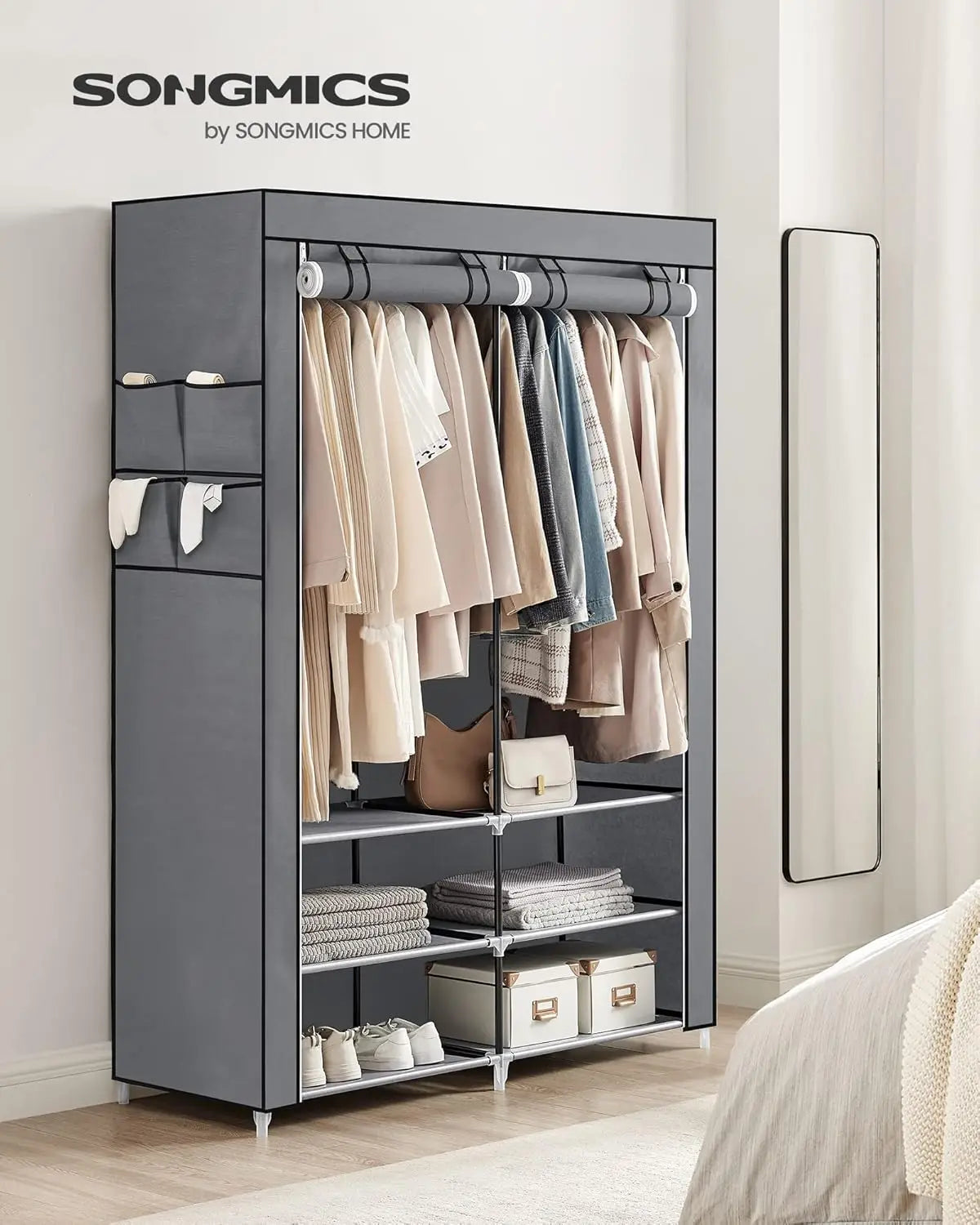 Portable Closet Wardrobe with Shoe Rack and Cover, Closet Storage Organizer, 2 Hanging Rods, Shelves, and 4 Side Pockets