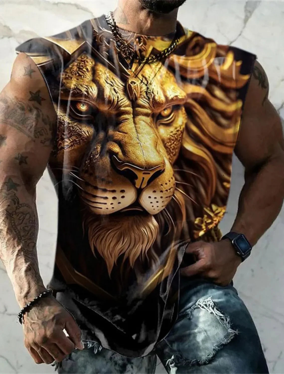 Mens Vest Printed Golden Lion Sleeveless T Shirt Crew Neck Apparel 3D Printed Everyday Sports Fitness Fashion Design S-6Xl