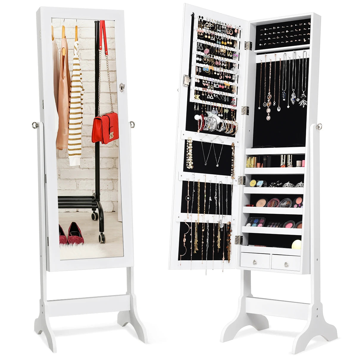 Mirrored Lockable Jewelry Cabinet Armoire Storage Organizer Box w/ Drawers White