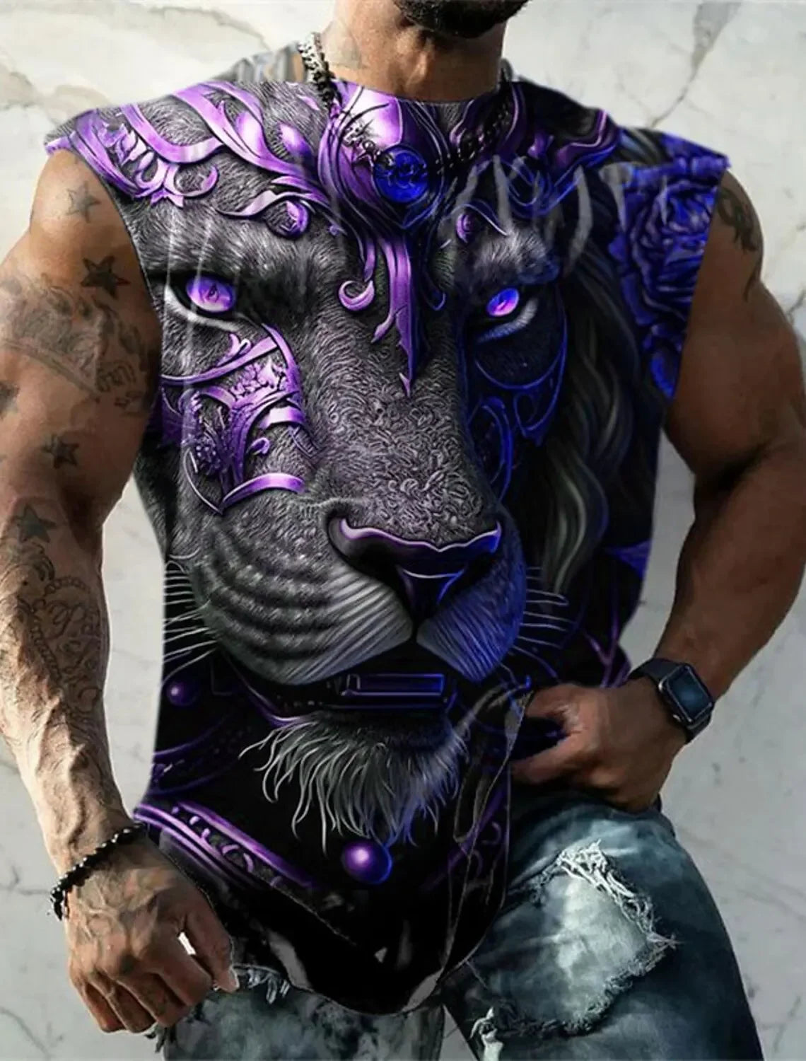 Mens Vest Printed Golden Lion Sleeveless T Shirt Crew Neck Apparel 3D Printed Everyday Sports Fitness Fashion Design S-6Xl