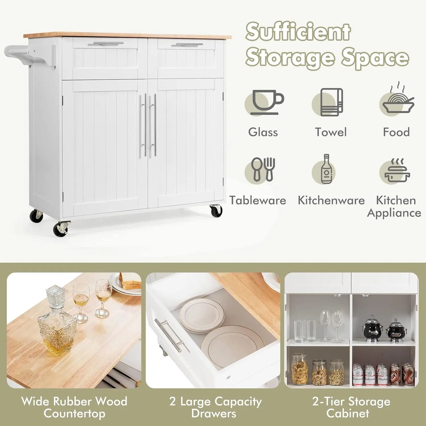 Kitchen Island Cart on Wheels, with Side Towel Bar, 2 Drawers, 2 Door Cabinet, Rolling Storage Trolley Cart with Rubber Wood Top