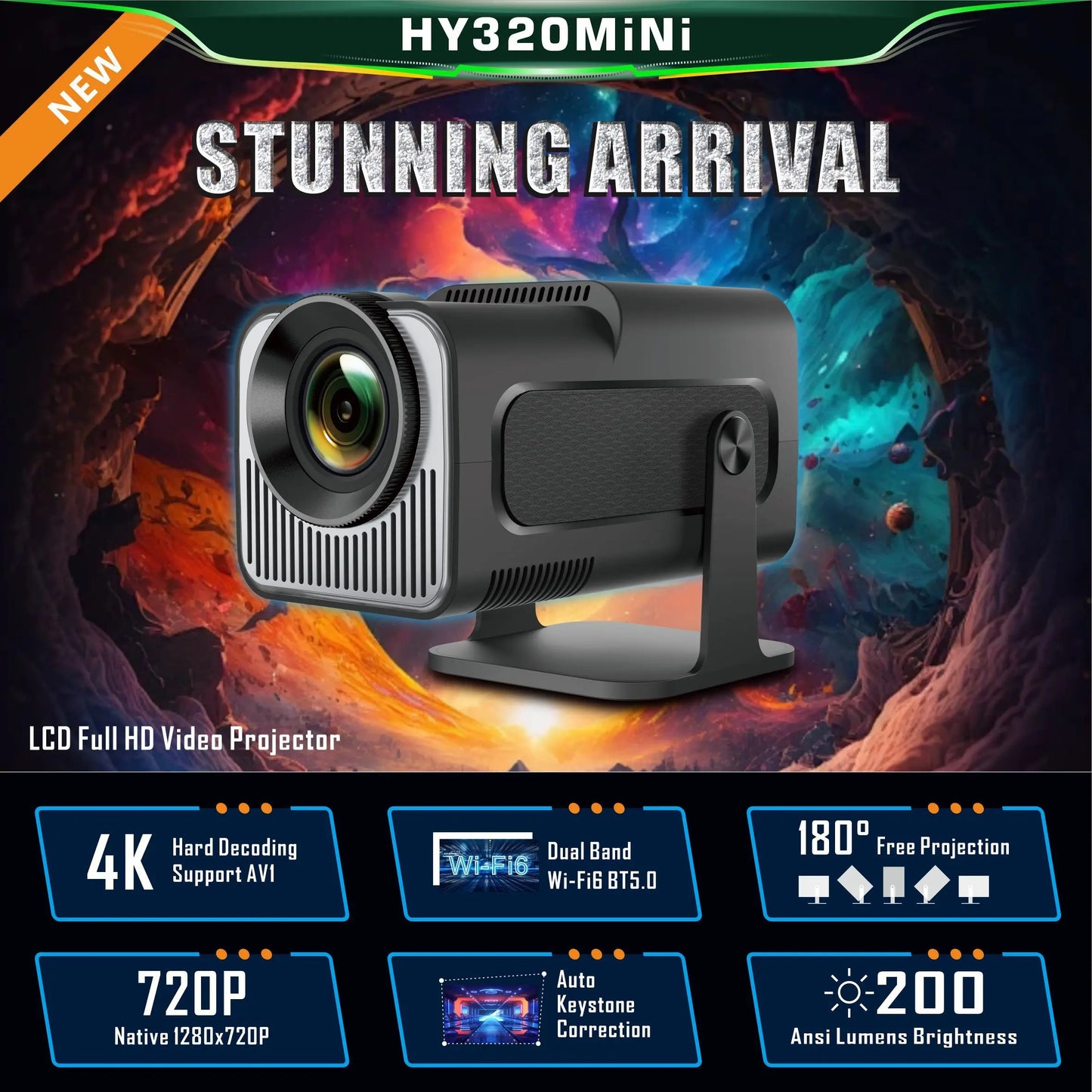 HY320 Mini Newly Native 720P Android 11 4K Projector 300ANSI Wifi6 BT5.0 Cinema Outdoor Portable 180° Rotable Projector