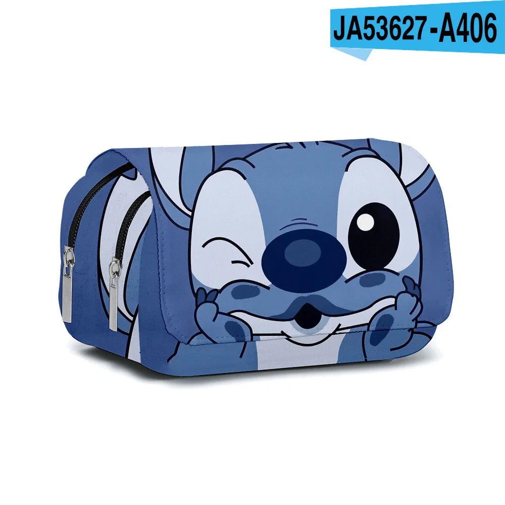 BANDAI Stitch Fully Printed Flap Pen Bag Stationery Box Cartoon Large Capacity Pencil Case Cute Anime Bags Student School Bag