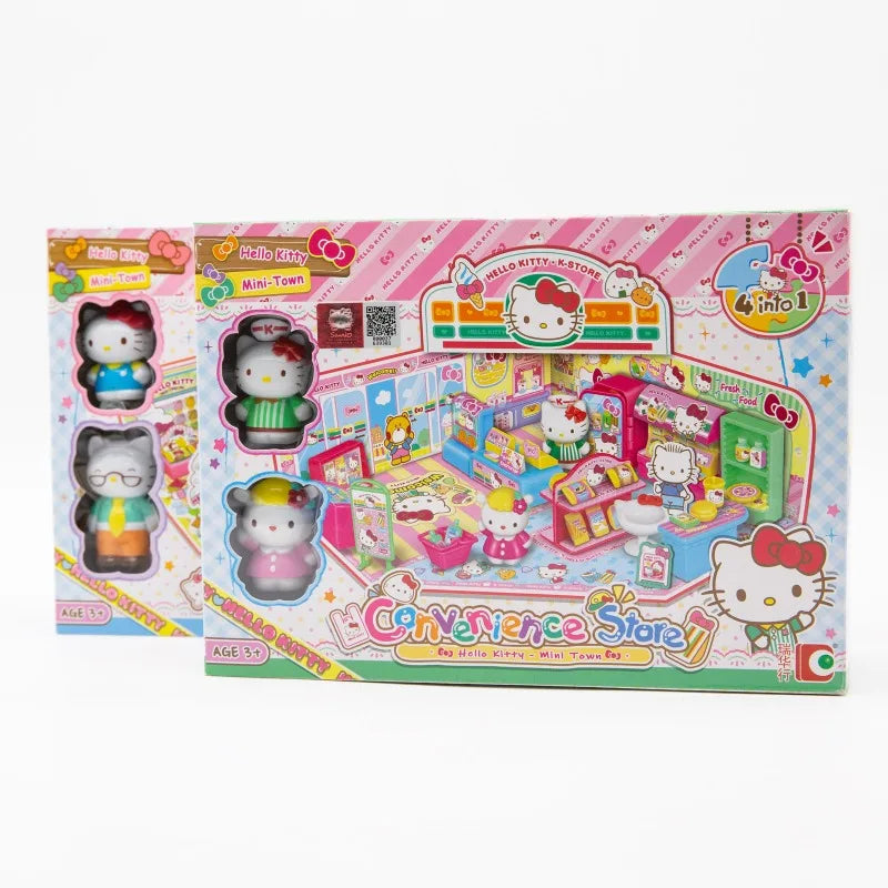 Hello Kitty Ice-cream Shop Convenience Store Stackable Street View Splicing Toys Sanrio Anime Figure for Kids Gift