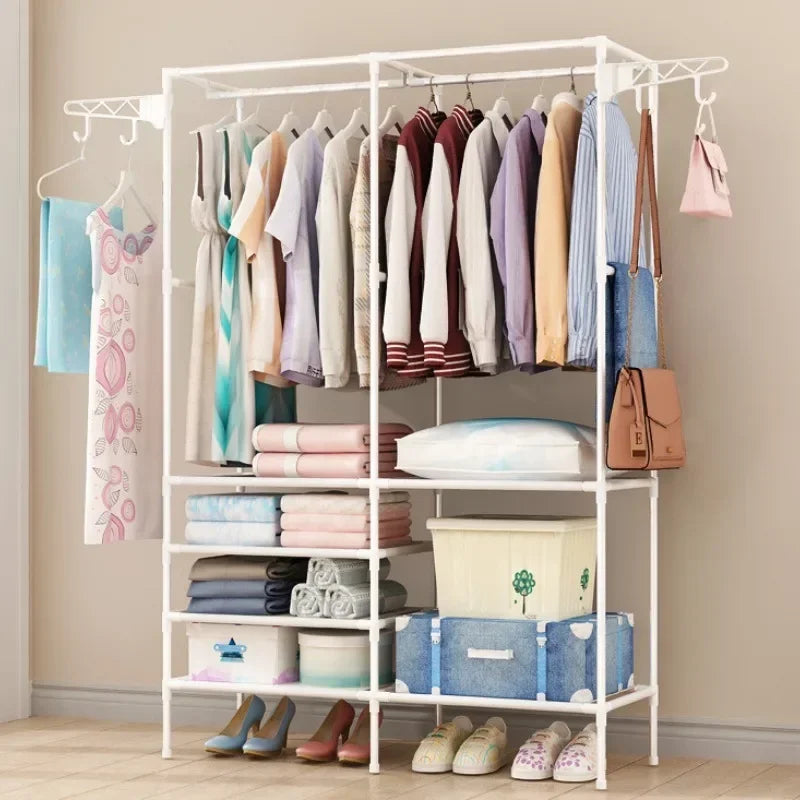 Double Row Clothes Rack Large Floor Hangers with Hanging Hooks Rods Household Simple Storage Shelf Coat and Shoes Clothes Hanger