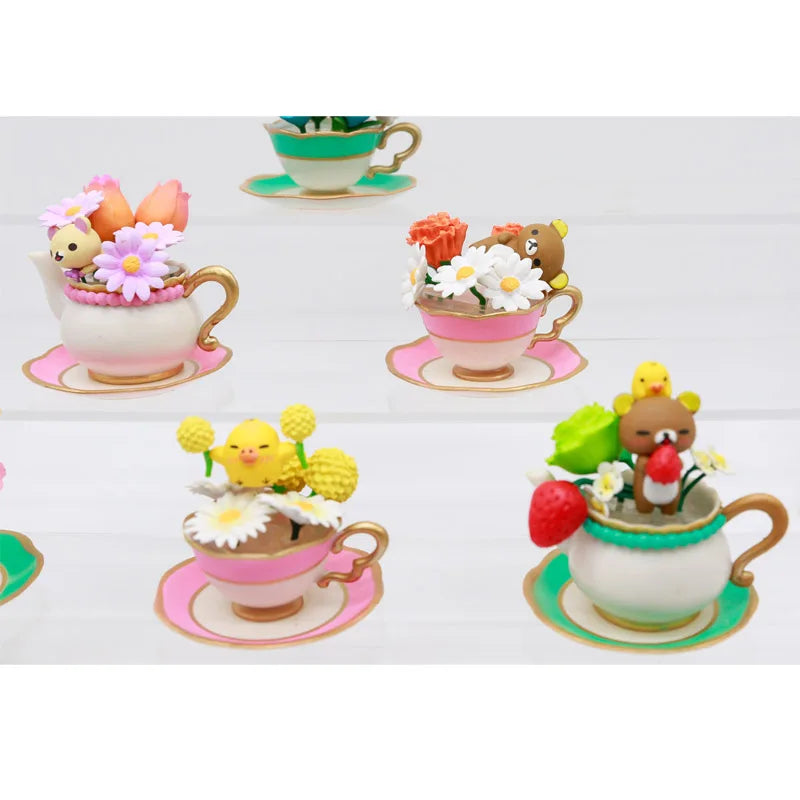 Japan Rement Rilakkuma Blind Box Toys Flower Tea Cup Kawaii Bear Figures Model Toy Collection Ornaments Children Gifts