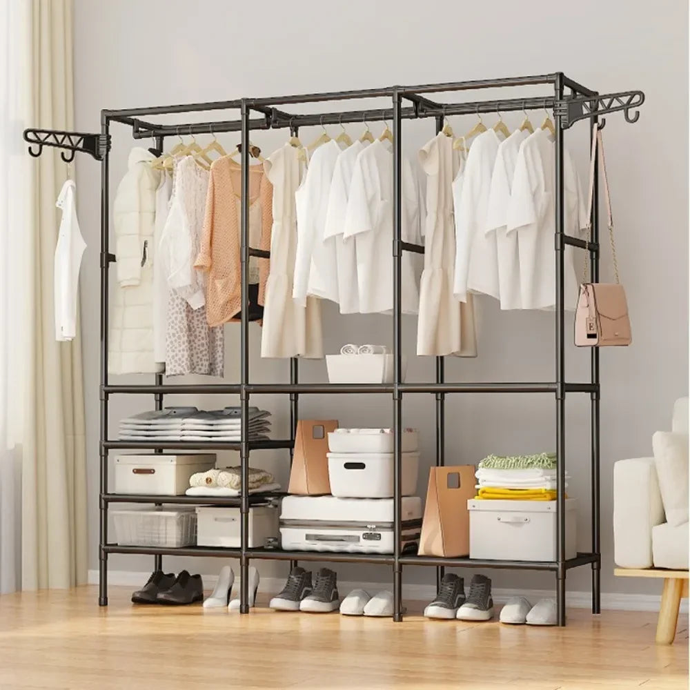 Double Row Clothes Rack Large Floor Hangers with Hanging Hooks Rods Household Simple Storage Shelf Coat and Shoes Clothes Hanger