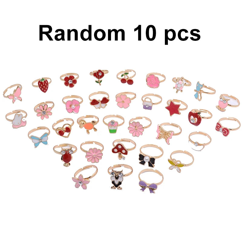 10/20/36 pcs Cute Adjustable Rings Children Girls Pretend Play Makeup Toys Cartoon Crystal Jewelry Alloy Animal Enamel Ring