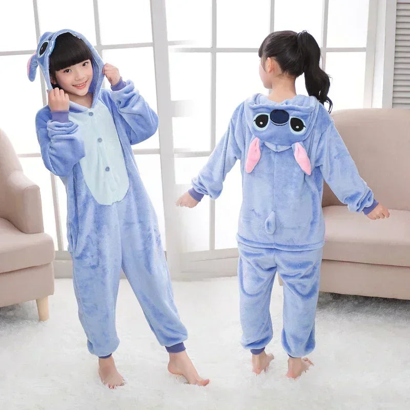 Kawaii Disney Stitch Plush Pajamas Winter Warm Cartoon Cosplay cute Home Jumpsuit Pajamas Set Boy Girls Birthday Christmas Gifts