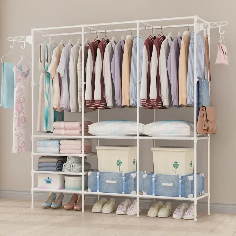 Double Row Clothes Rack Large Floor Hangers with Hanging Hooks Rods Household Simple Storage Shelf Coat and Shoes Clothes Hanger