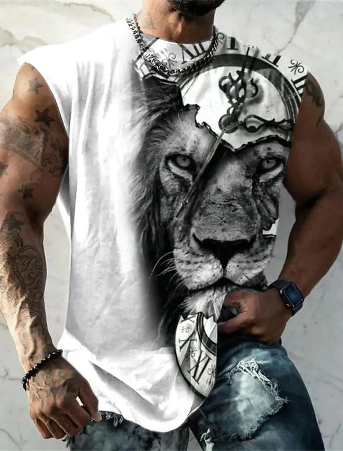 Mens Vest Printed Golden Lion Sleeveless T Shirt Crew Neck Apparel 3D Printed Everyday Sports Fitness Fashion Design S-6Xl